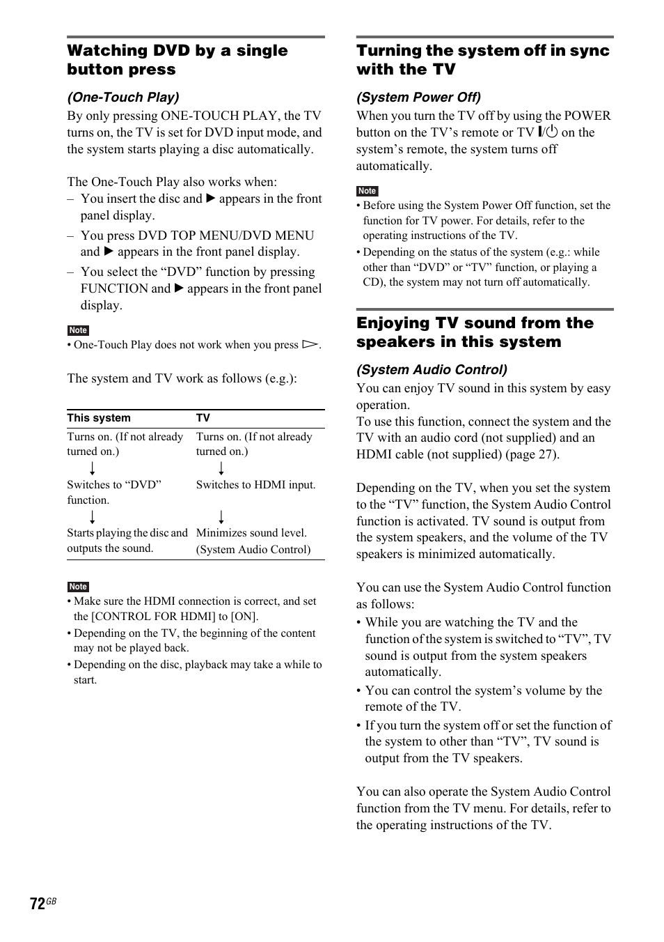One-touch play), System power off), System audio control) | Watching dvd by a single button press, Turning the system off in sync with the tv, Enjoying tv sound from the speakers in this system | Sony 3-299-549-11(1) User Manual | Page 72 / 127