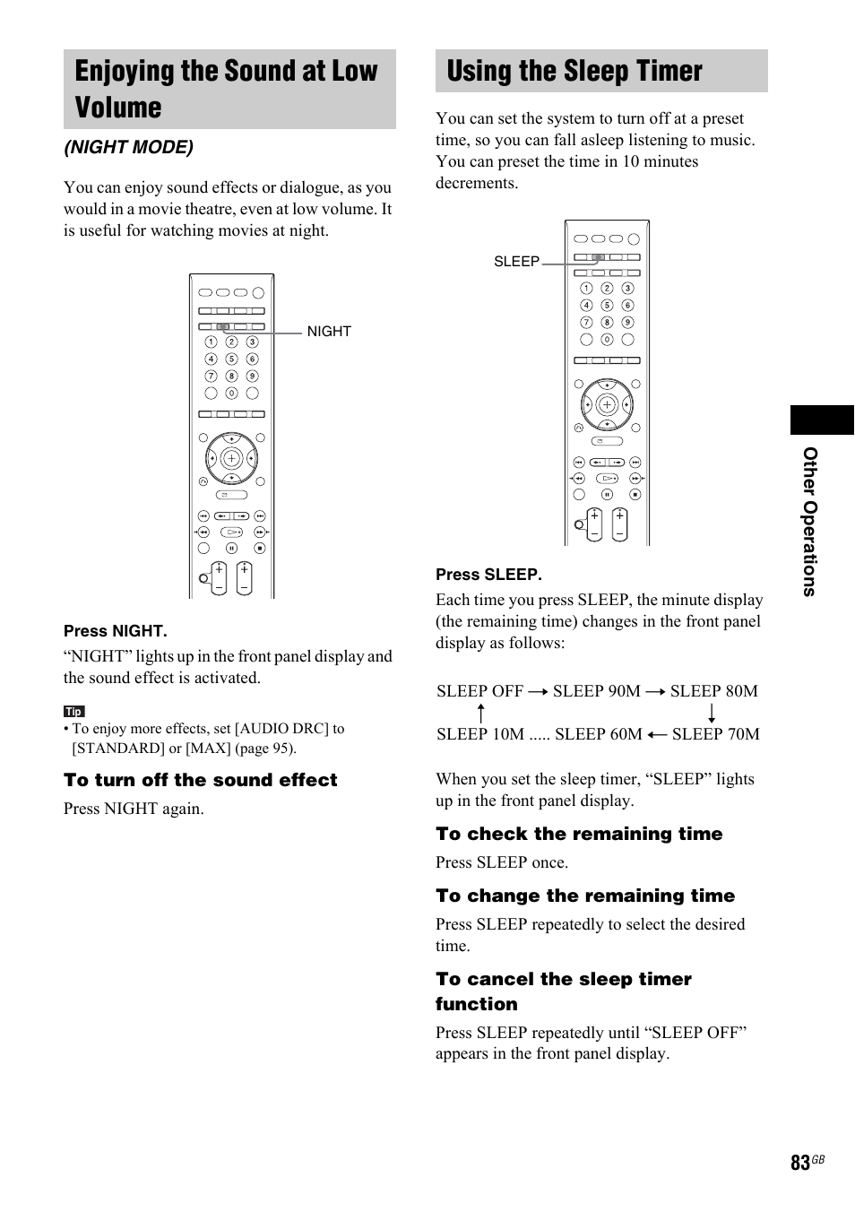 Enjoying the sound at low volume, Night mode), Using the sleep timer | Sony 3-299-549-11(1) User Manual | Page 83 / 127