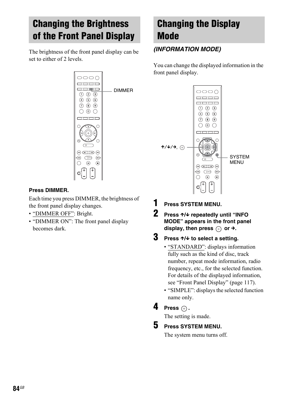 Changing the brightness of the front panel display, Changing the display mode, Information mode) | Changing the brightness of the front, Panel display | Sony 3-299-549-11(1) User Manual | Page 84 / 127