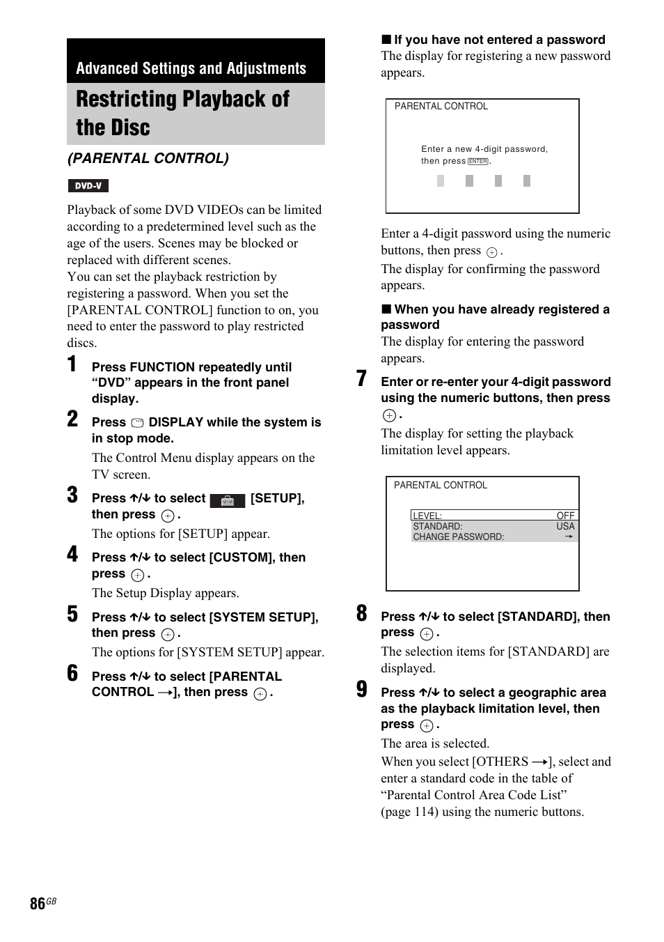 Advanced settings and adjustments, Restricting playback of the disc, Parental control) | Sony 3-299-549-11(1) User Manual | Page 86 / 127