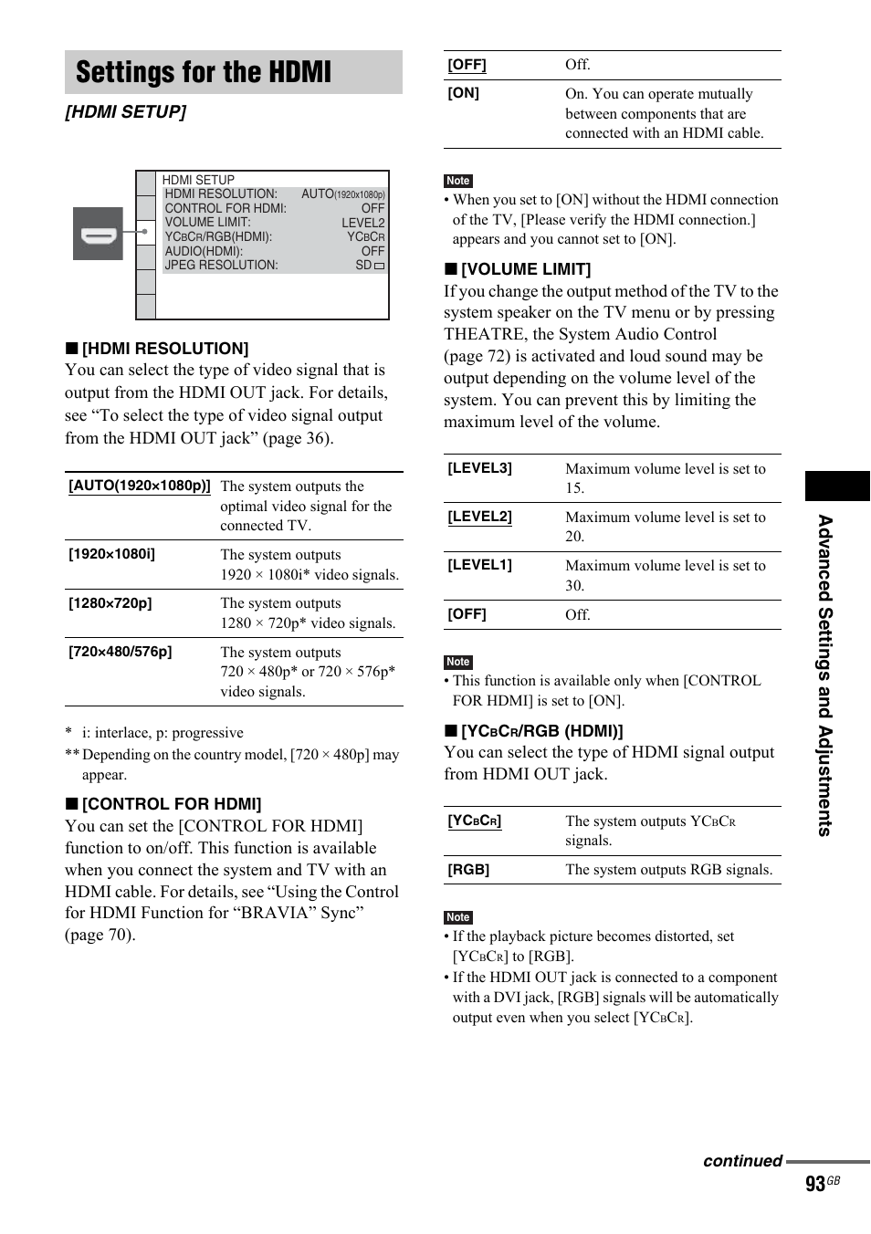 Settings for the hdmi, Hdmi setup, Ad v a nc ed settings and adjus tments | Sony 3-299-549-11(1) User Manual | Page 93 / 127