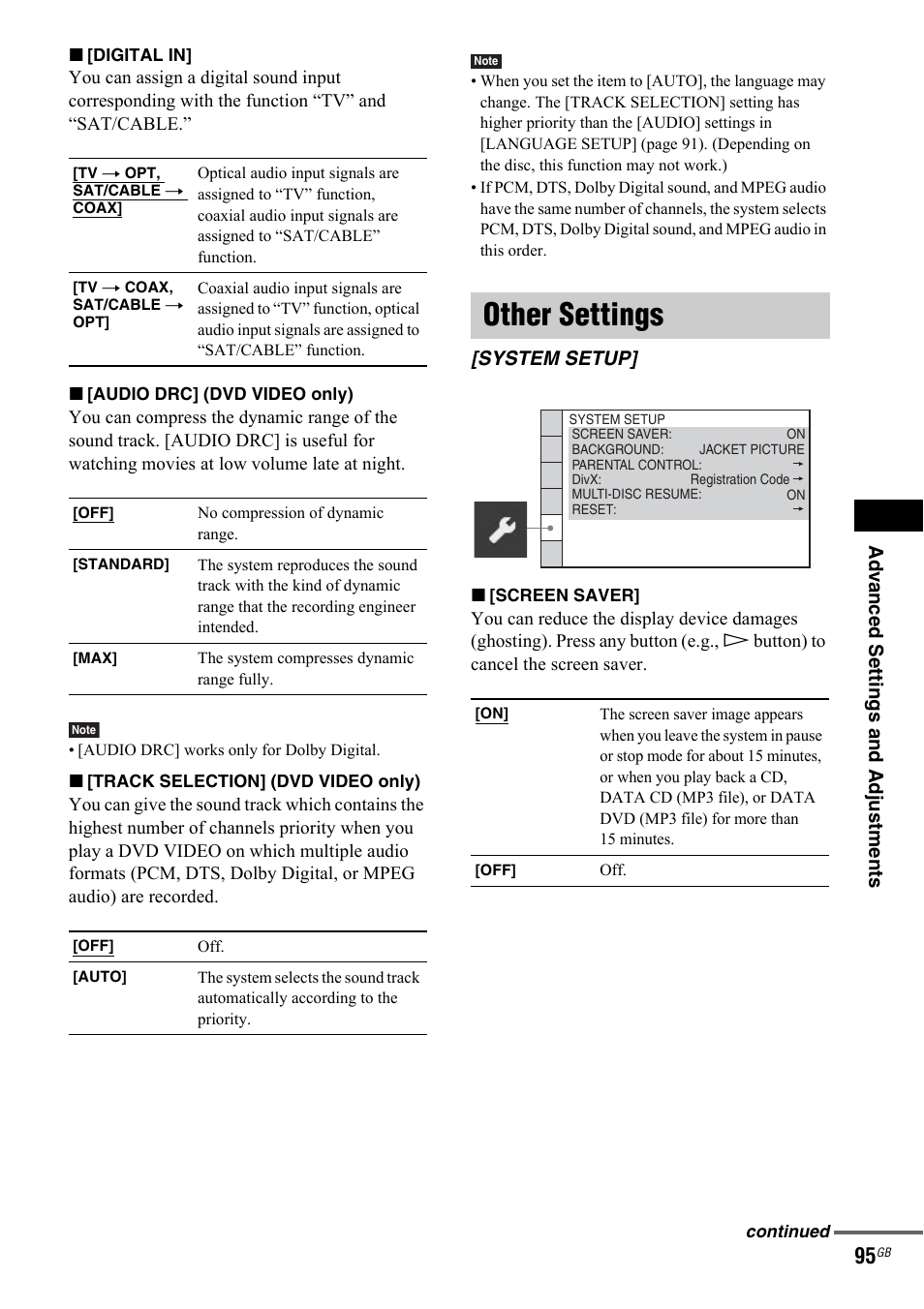 Other settings, System setup, Ad v a nc ed settings and adjus tments | Sony 3-299-549-11(1) User Manual | Page 95 / 127