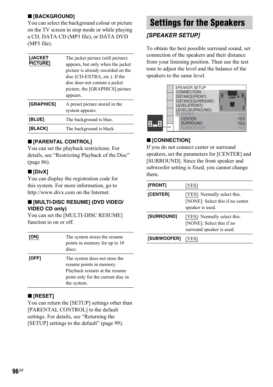 Settings for the speakers, Speaker setup | Sony 3-299-549-11(1) User Manual | Page 96 / 127
