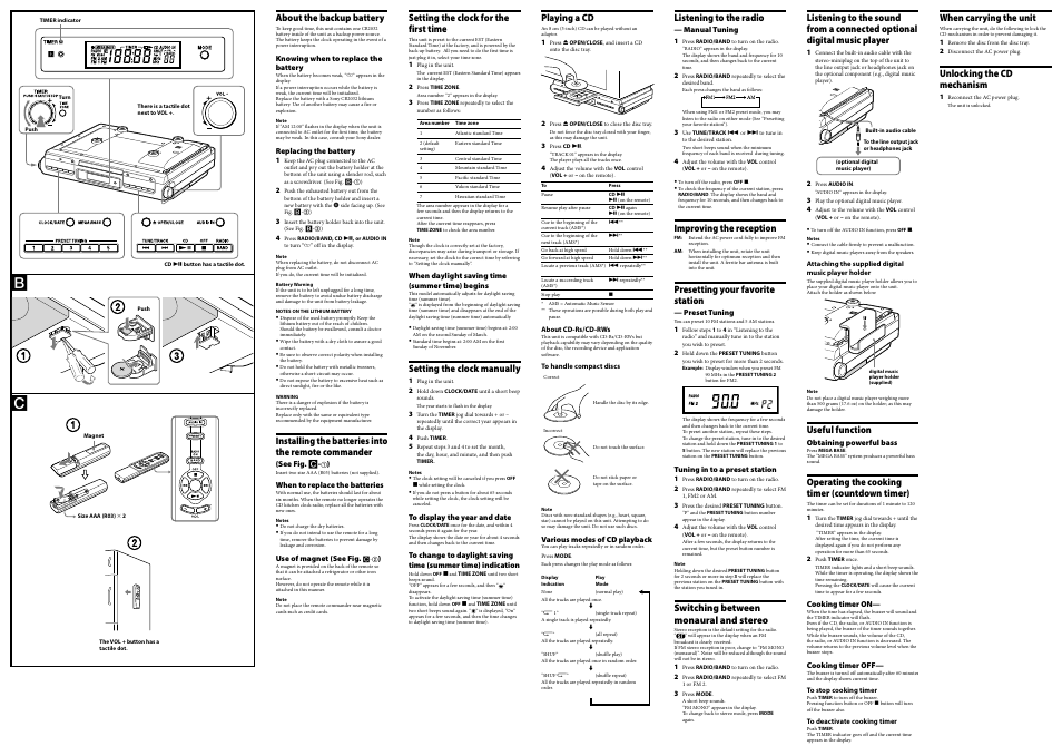 About the backup battery, Installing the batteries into the remote commander, Setting the clock for the first time | Setting the clock manually, Playing a cd, Listening to the radio, Improving the reception, Presetting your favorite station, Switching between monaural and stereo, Useful function | Sony ICFCDK50 User Manual | Page 2 / 2