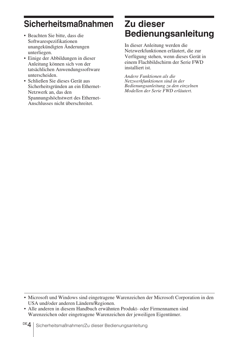 Sicherheitsmaßnahmen, Zu dieser bedienungsanleitung | Sony BKM-FW32 User Manual | Page 46 / 100
