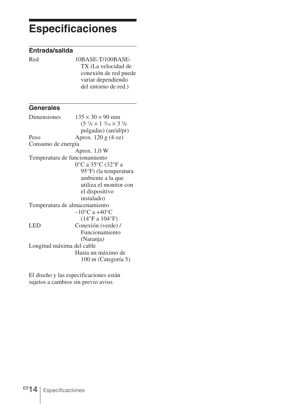 Especificaciones | Sony BKM-FW32 User Manual | Page 70 / 100