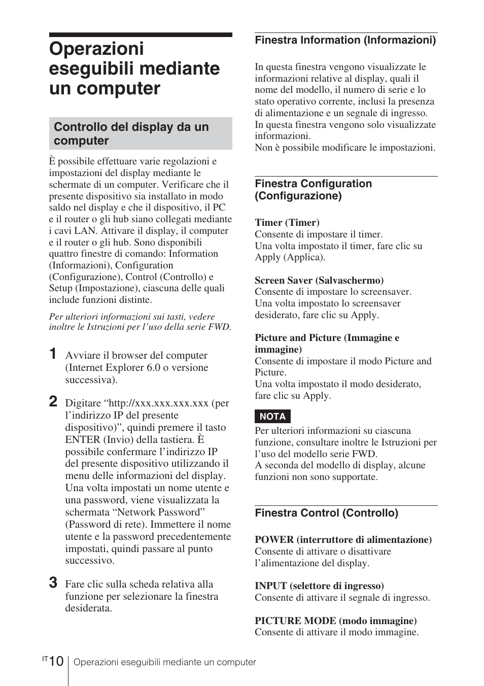 Operazioni eseguibili mediante un computer, Controllo del display da un computer | Sony BKM-FW32 User Manual | Page 80 / 100