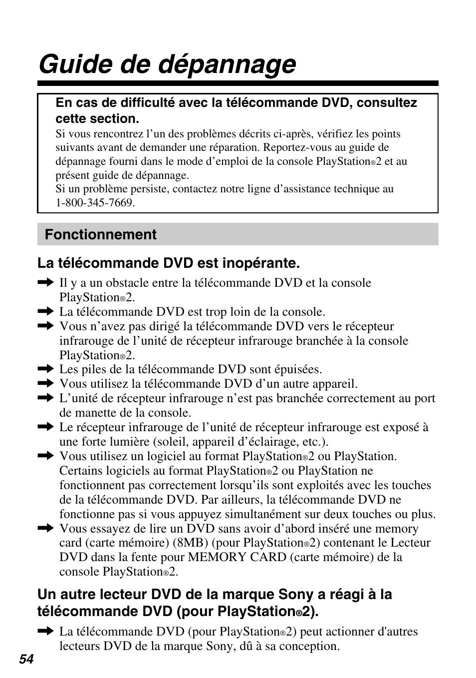 Guide de dépannage, Fonctionnement la télécommande dvd est inopérante | Sony SCPH-97042 User Manual | Page 110 / 170
