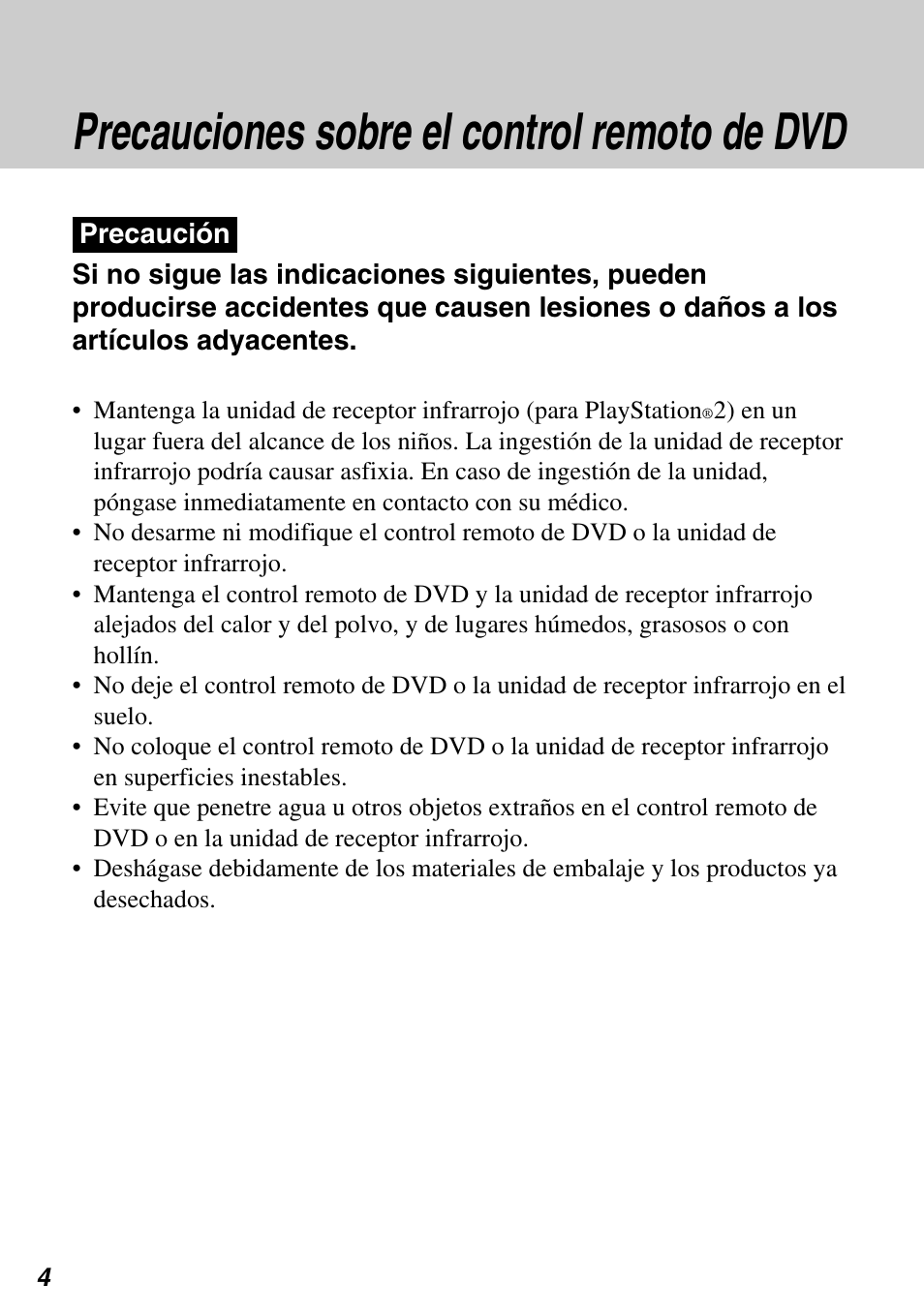 Precauciones sobre el control remoto de dvd | Sony SCPH-97042 User Manual | Page 116 / 170