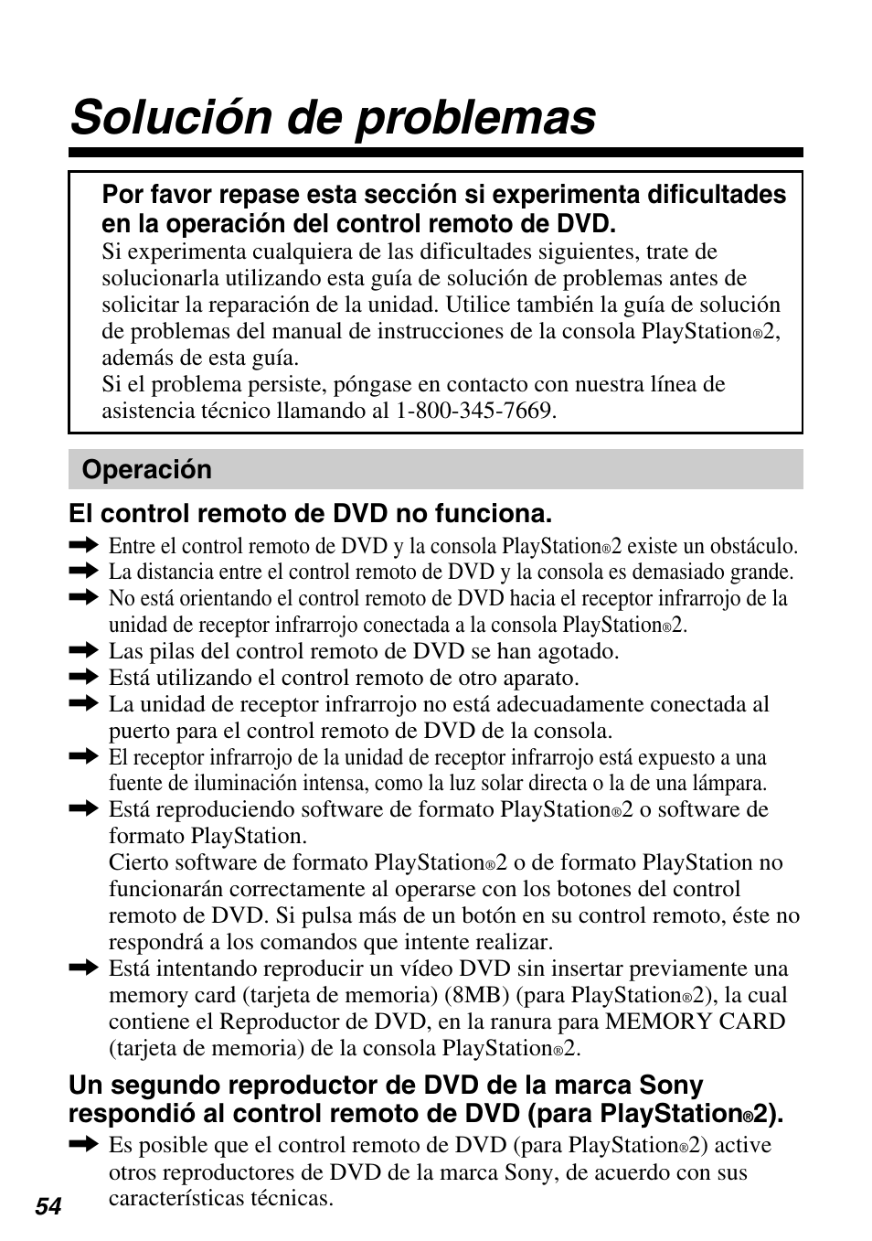 Solución de problemas, Operación el control remoto de dvd no funciona | Sony SCPH-97042 User Manual | Page 166 / 170