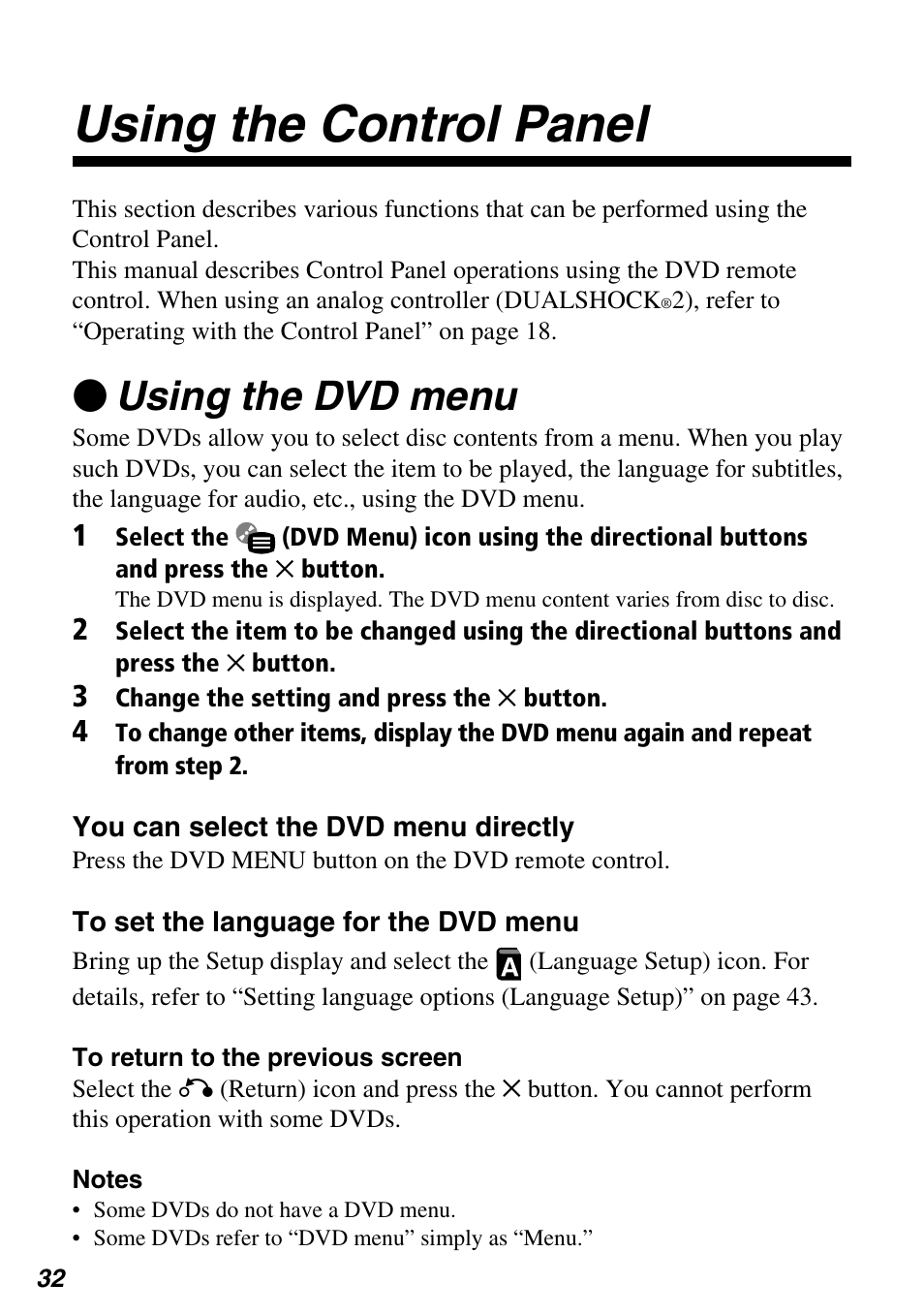 Using the control panel, Zusing the dvd menu | Sony SCPH-97042 User Manual | Page 32 / 170