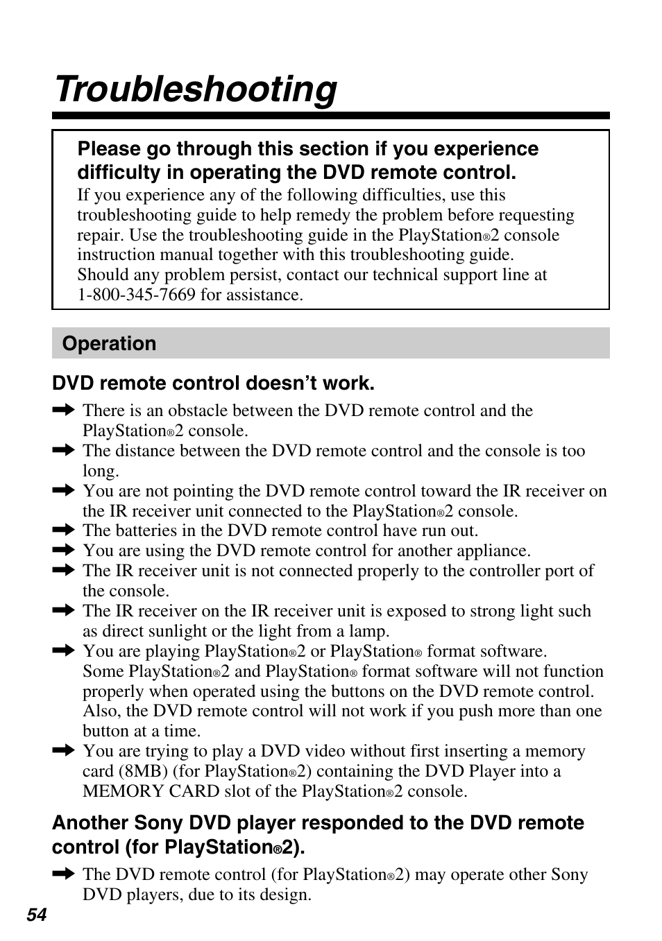 Troubleshooting, Operation dvd remote control doesn’t work | Sony SCPH-97042 User Manual | Page 54 / 170