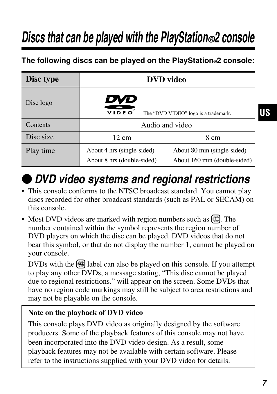 Discs that can be played with the playstation, 2 console, Zdvd video systems and regional restrictions | Sony SCPH-97042 User Manual | Page 7 / 170