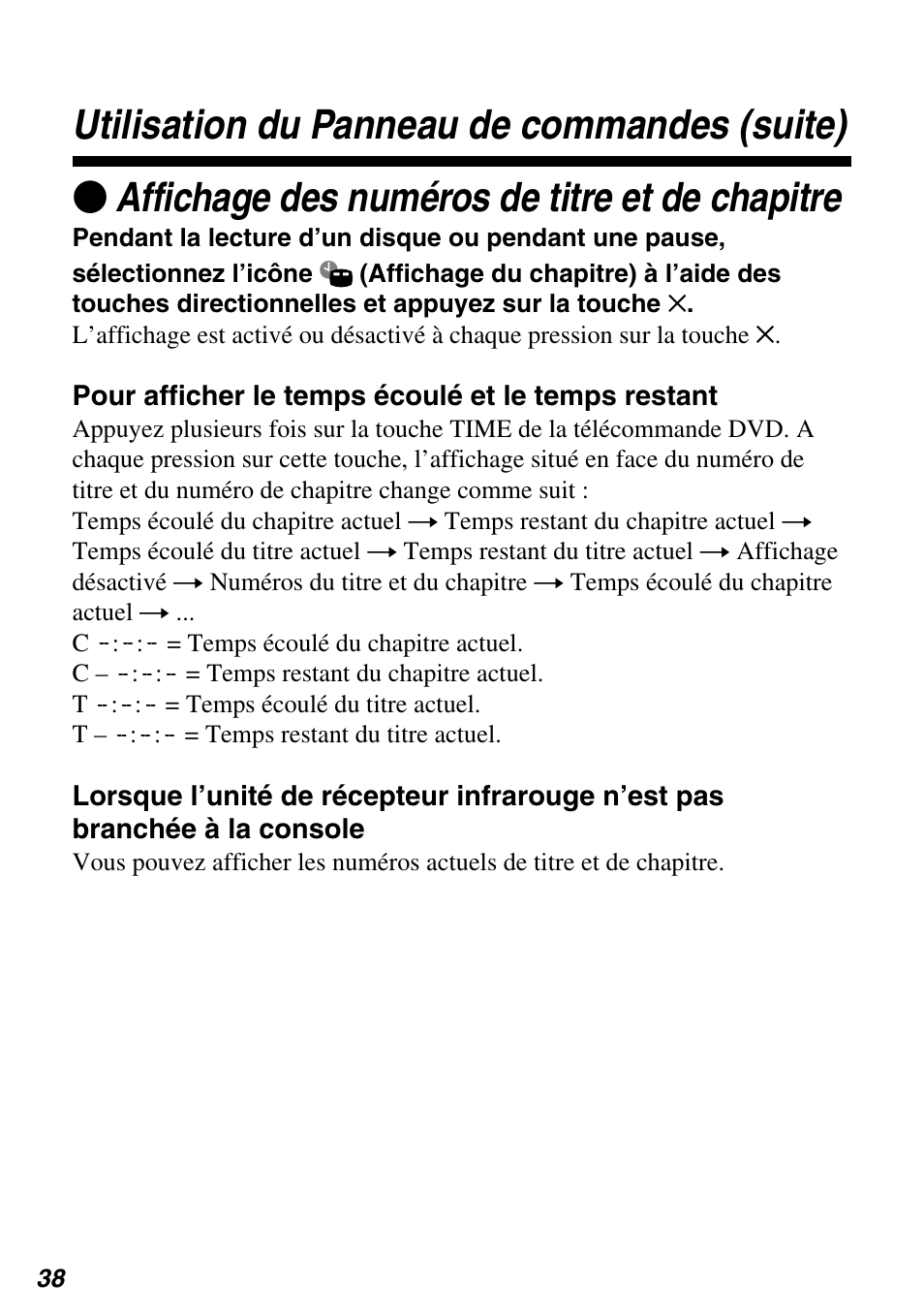Zaffichage des numéros de titre et de chapitre, Utilisation du panneau de commandes (suite) | Sony SCPH-97042 User Manual | Page 94 / 170