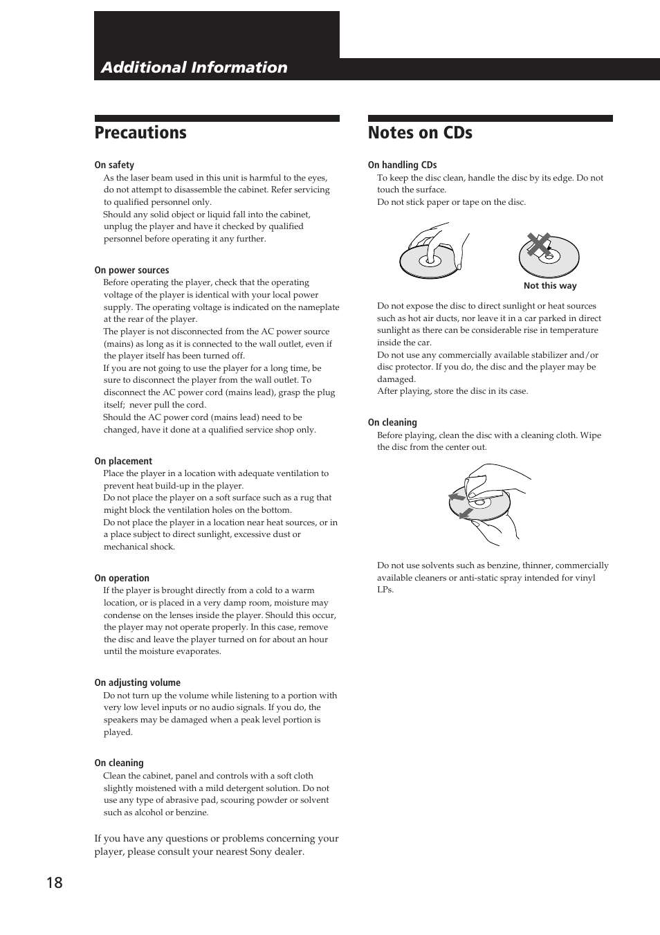 Precautions, Additional information | Sony CDP-CA9ES User Manual | Page 18 / 20