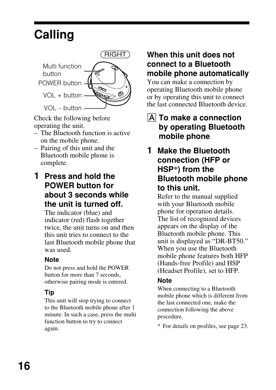 Calling | Sony DR-BT50 User Manual | Page 16 / 28