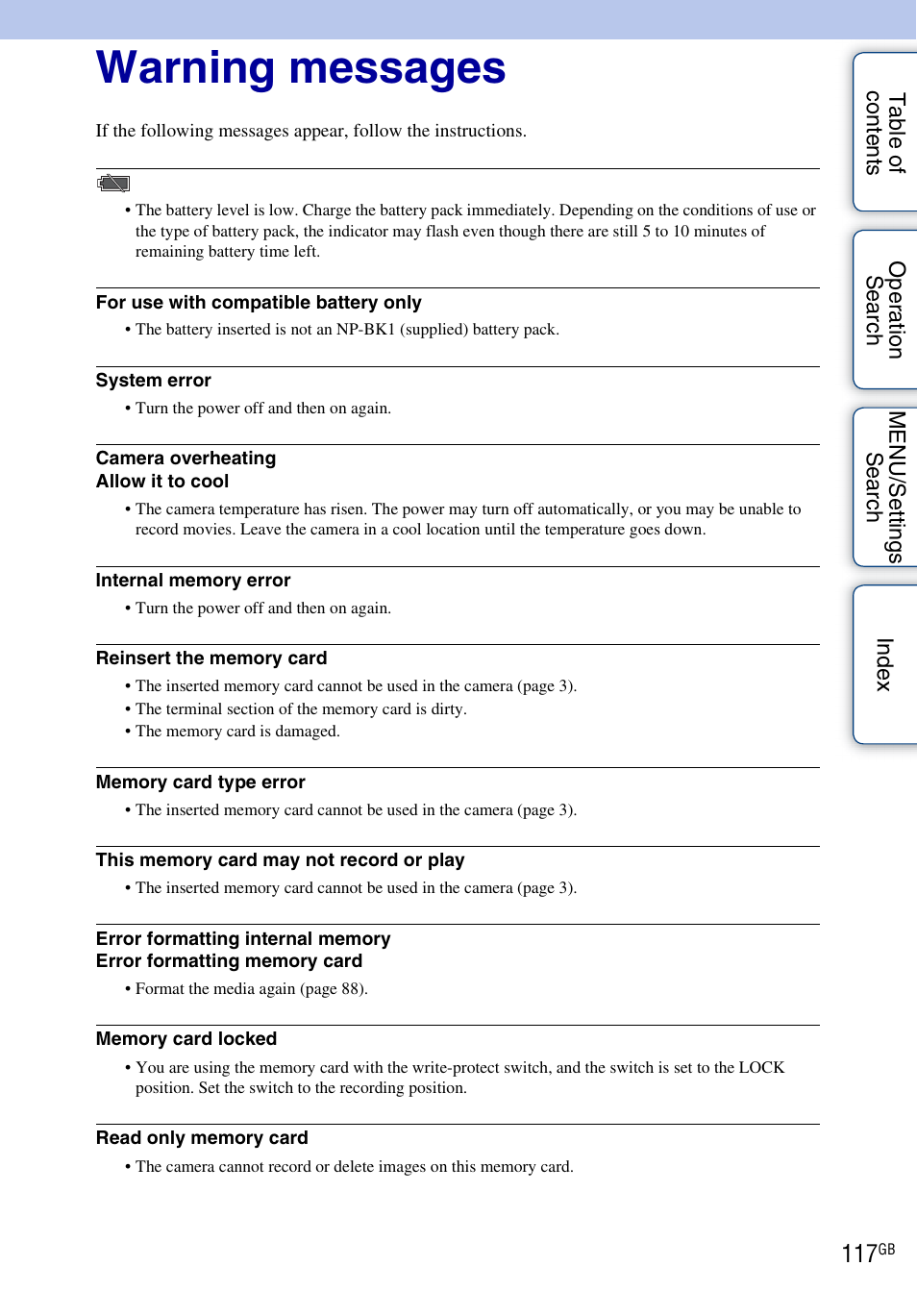 Warning messages | Sony Cyber-shot 4-176-667-12(1) User Manual | Page 117 / 128