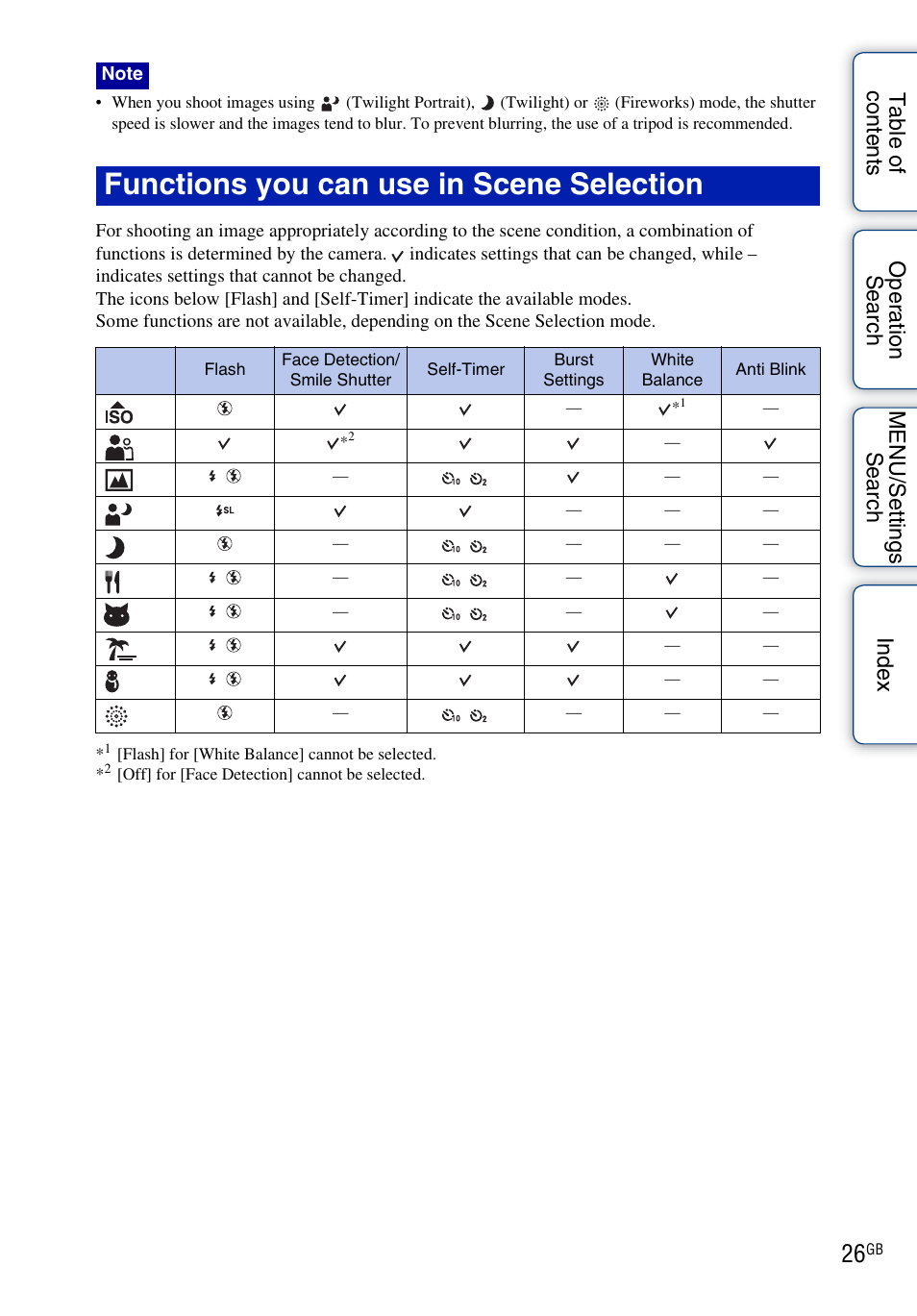 Functions you can use in scene selection | Sony Cyber-shot 4-176-667-12(1) User Manual | Page 26 / 128