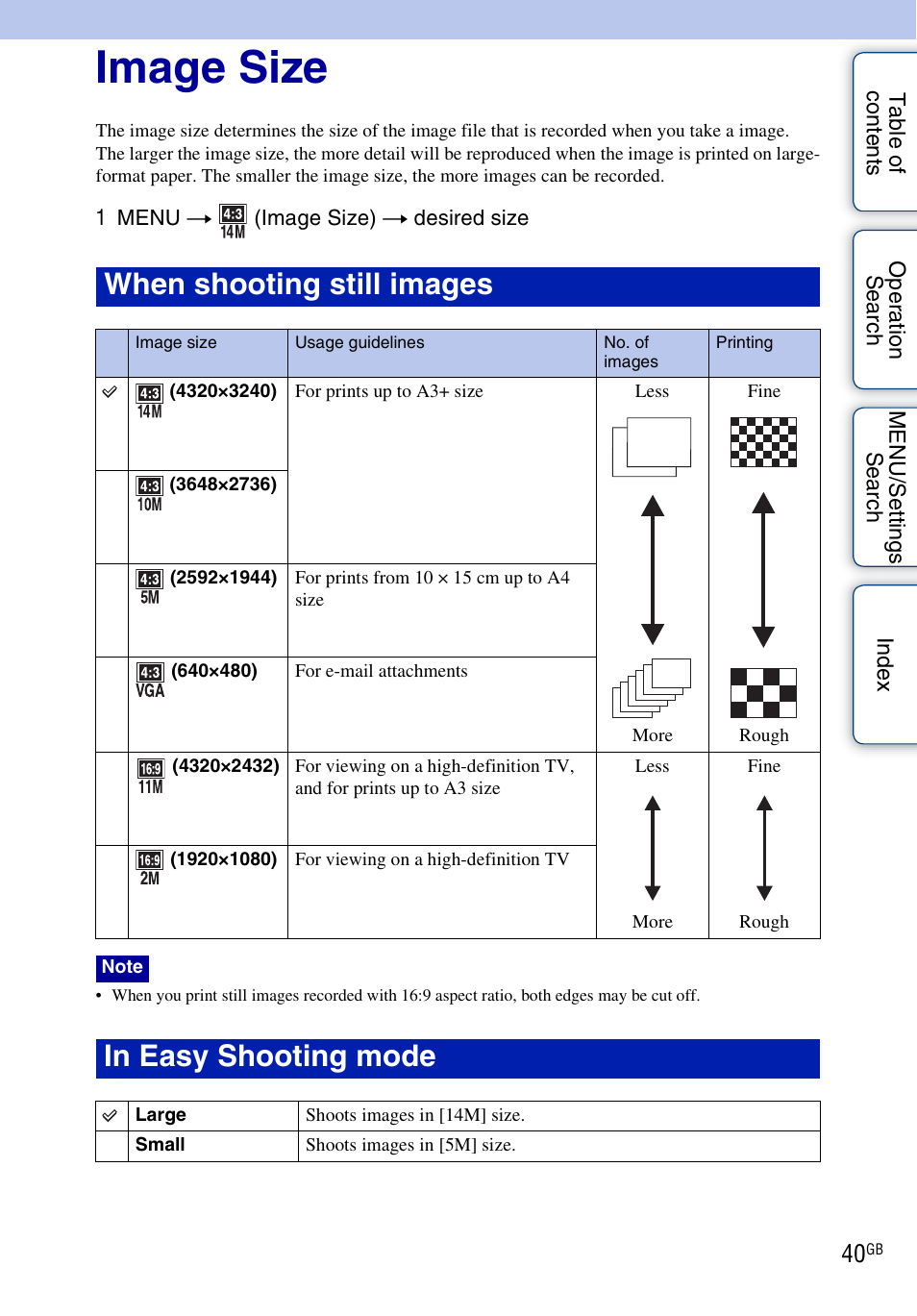 Image size, When shooting still images | Sony Cyber-shot 4-176-667-12(1) User Manual | Page 40 / 128
