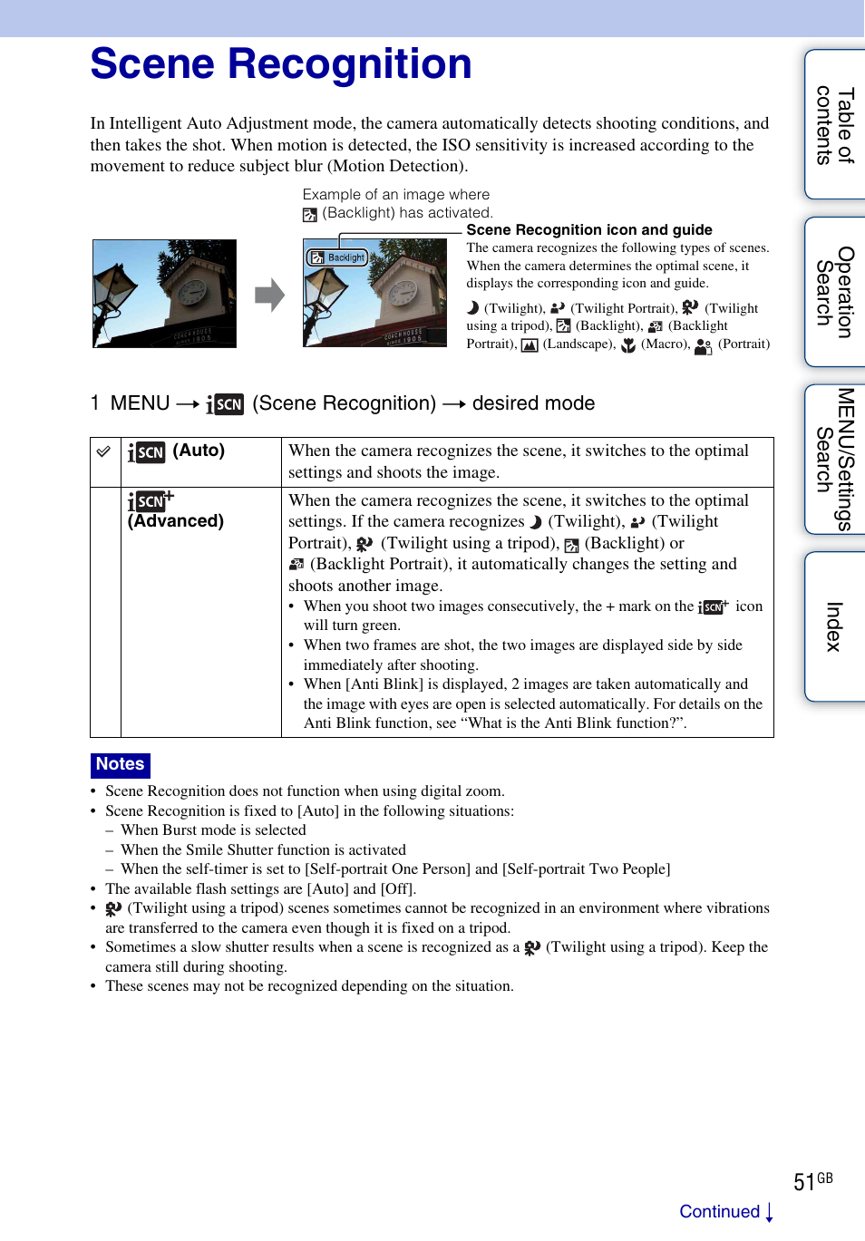 Scene recognition | Sony Cyber-shot 4-176-667-12(1) User Manual | Page 51 / 128