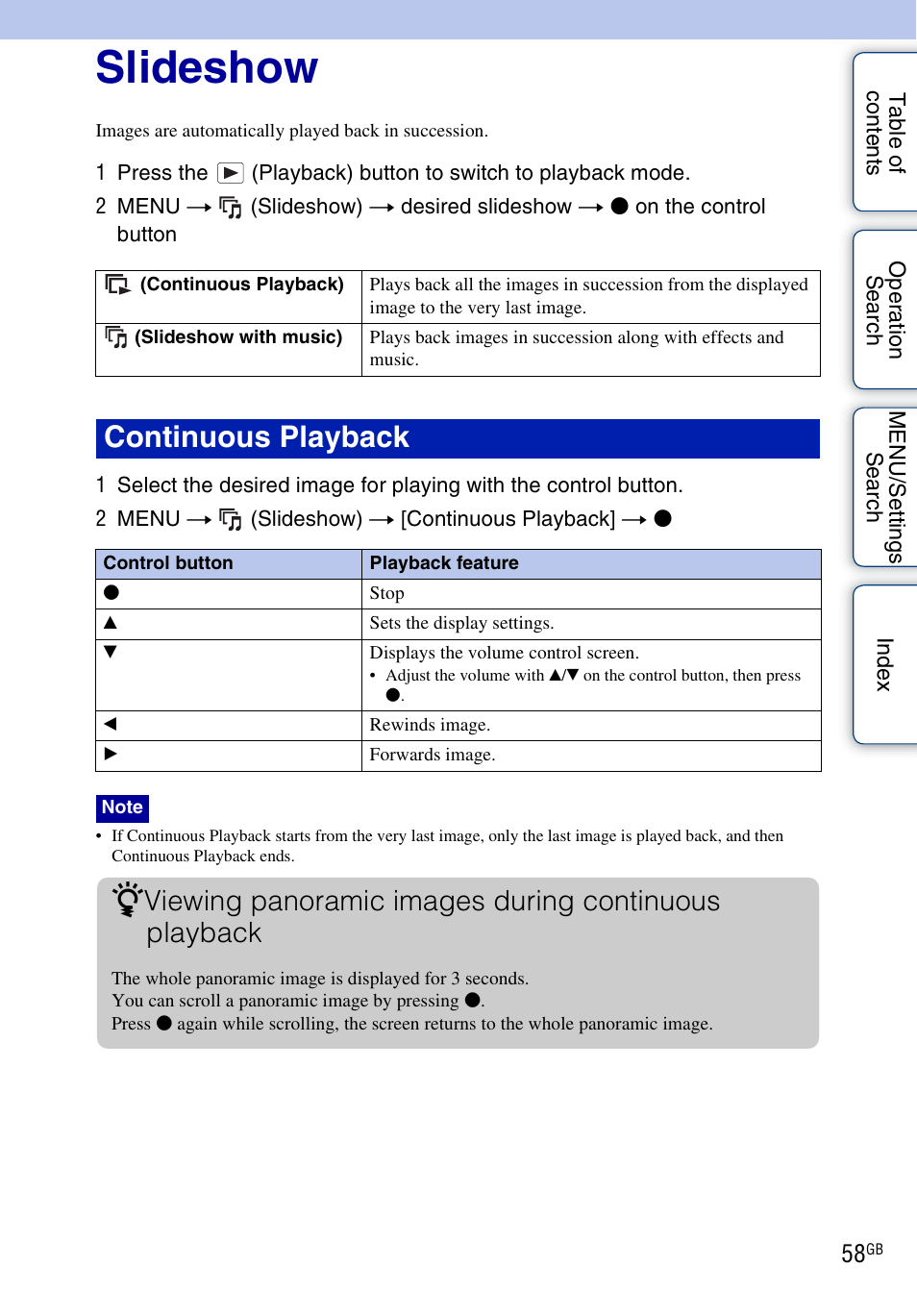 Slideshow, Continuous playback | Sony Cyber-shot 4-176-667-12(1) User Manual | Page 58 / 128