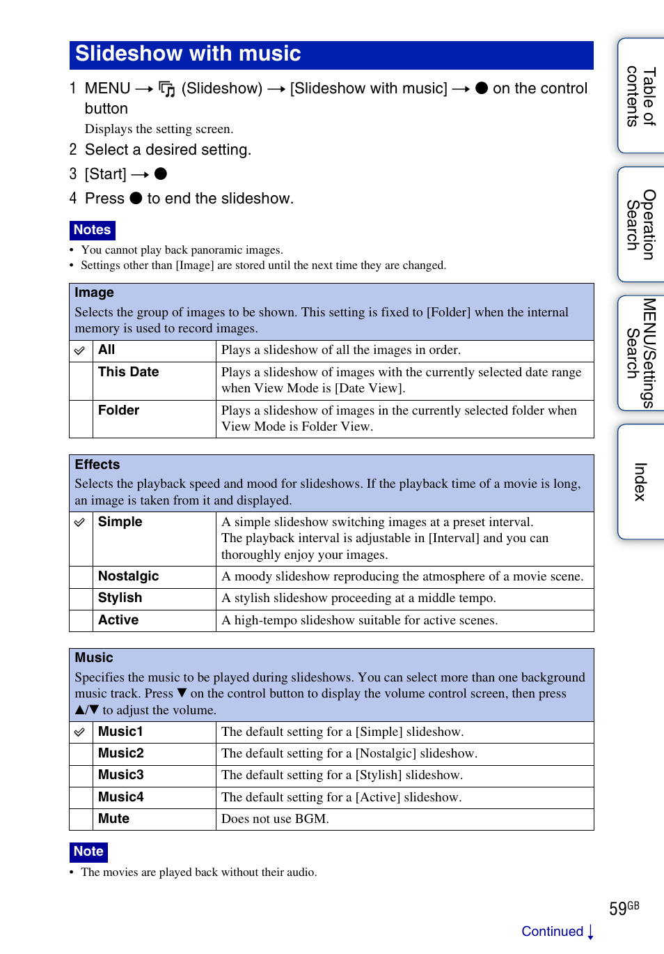 Slideshow with music | Sony Cyber-shot 4-176-667-12(1) User Manual | Page 59 / 128