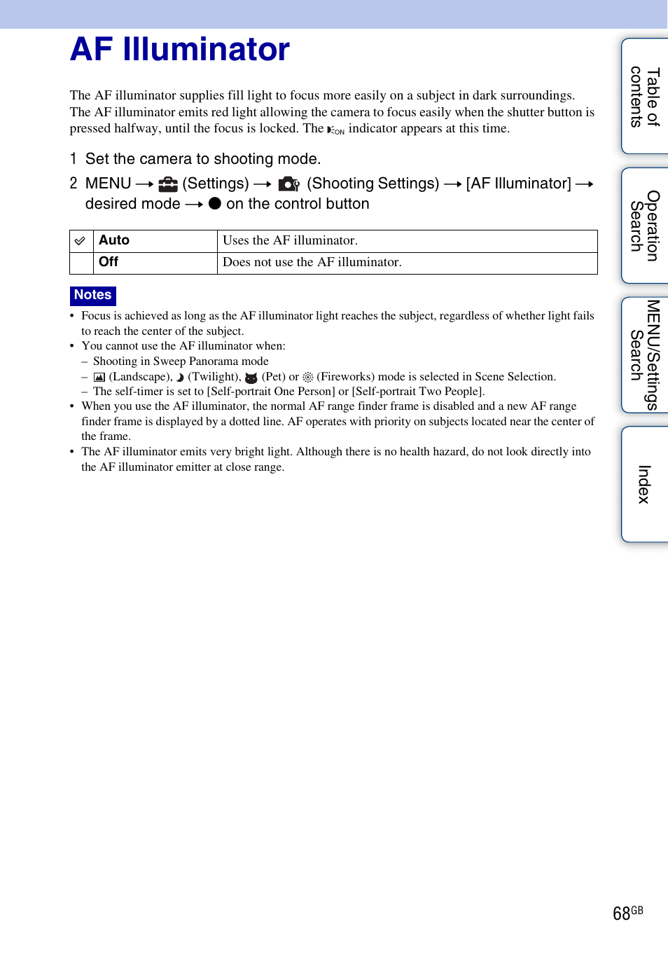 Af illuminator | Sony Cyber-shot 4-176-667-12(1) User Manual | Page 68 / 128
