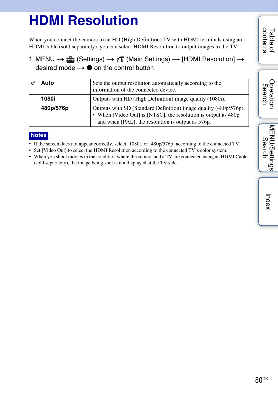 Hdmi resolution | Sony Cyber-shot 4-176-667-12(1) User Manual | Page 80 / 128