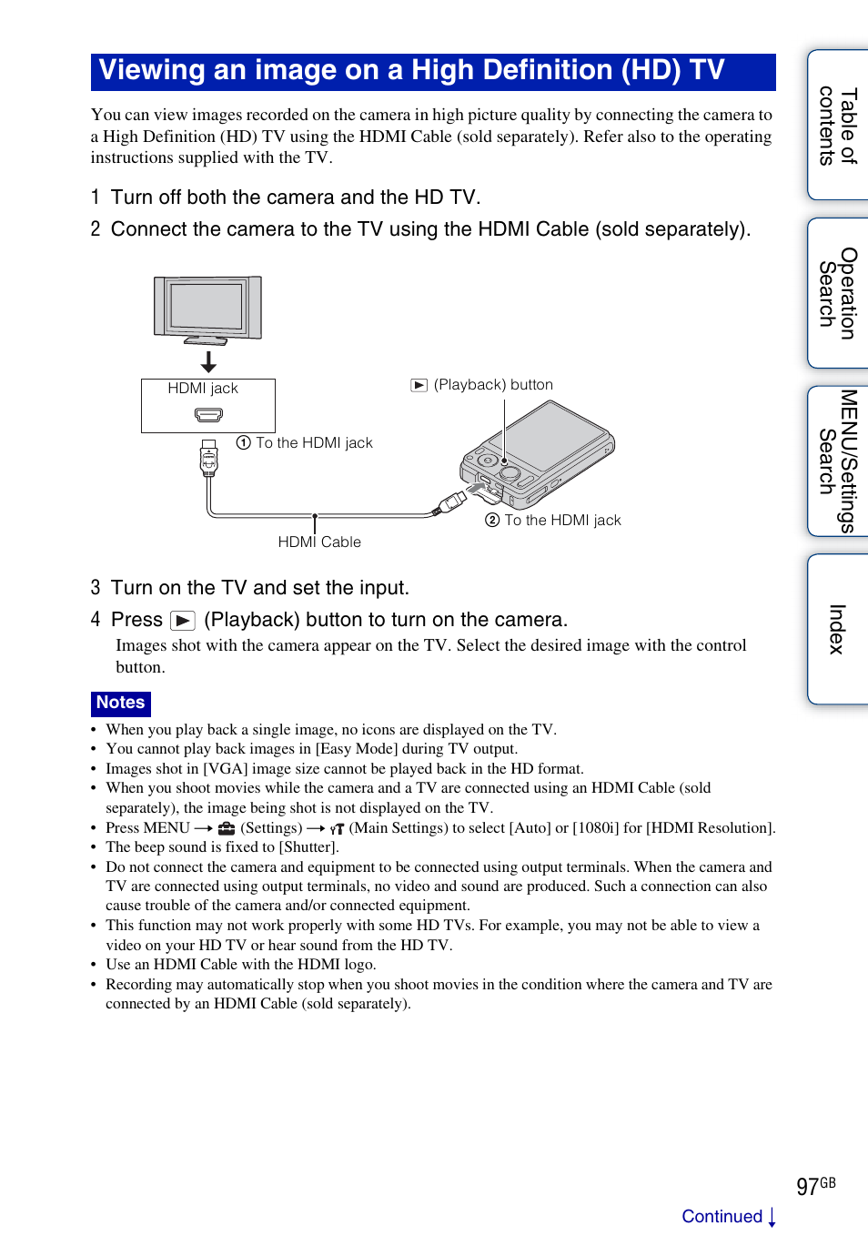 Viewing an image on a high definition (hd) tv | Sony Cyber-shot 4-176-667-12(1) User Manual | Page 97 / 128