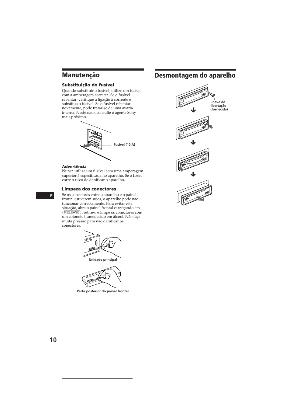 Desmontagem do aparelho, Manutenção | Sony CDX-3150 User Manual | Page 39 / 59