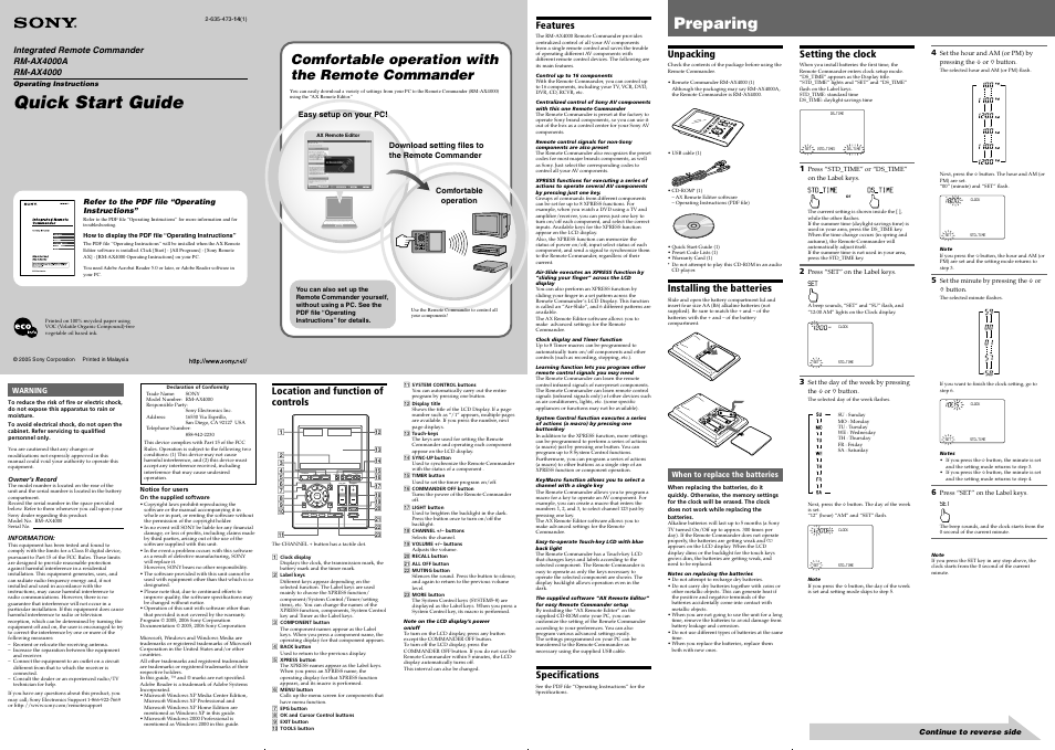 Sony RM-AX4000 User Manual | 2 pages