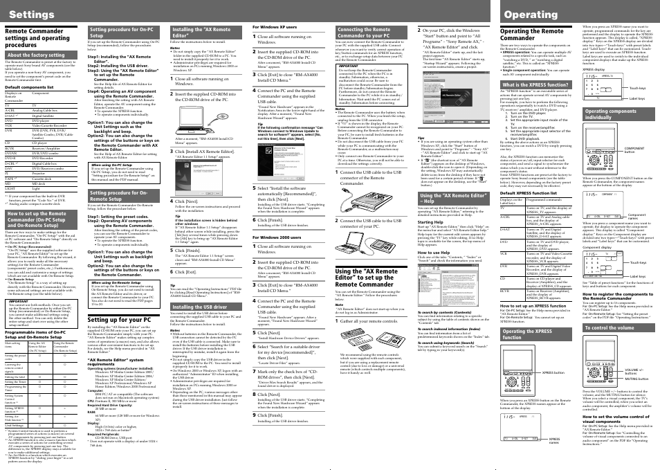 Settings operating, Su am learn ng, Su am | Enter, Display main/sub learn ng | Sony RM-AX4000 User Manual | Page 2 / 2