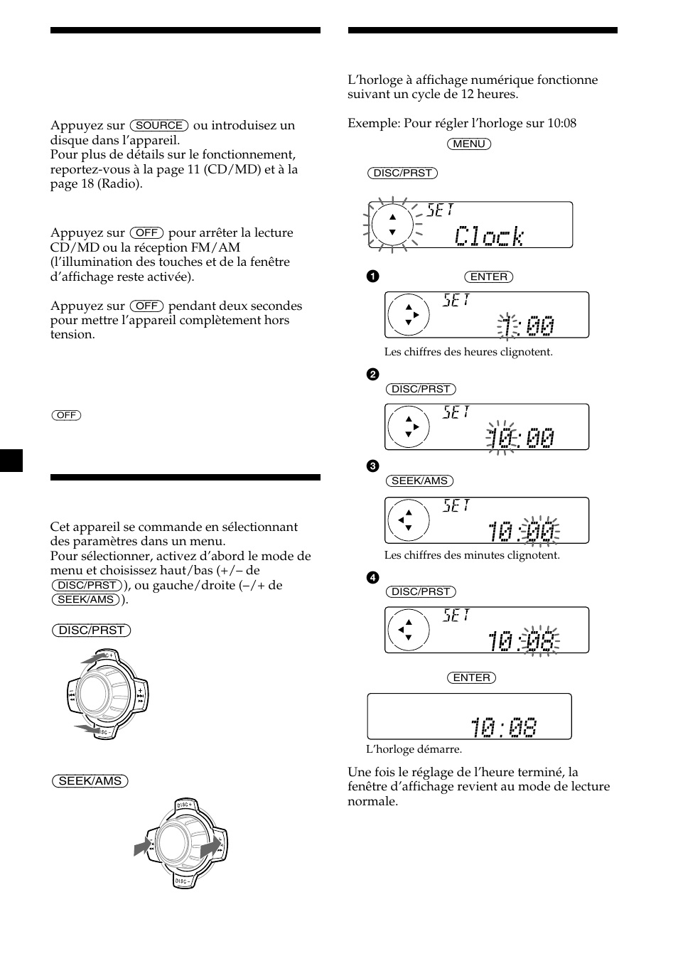 10 mise sous/hors tension de l’appareil, Utilisation du menu, Réglage de l’horloge | Sony MDX-C8500X User Manual | Page 48 / 116
