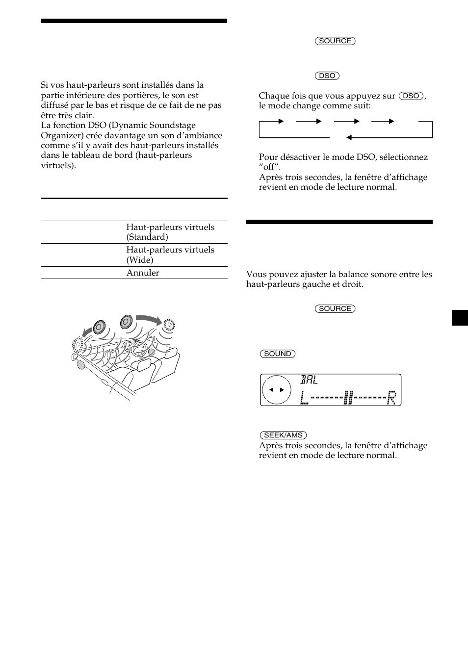 Réglage de la balance (bal), Sélection d’un menu de niveau sonore | Sony MDX-C8500X User Manual | Page 61 / 116