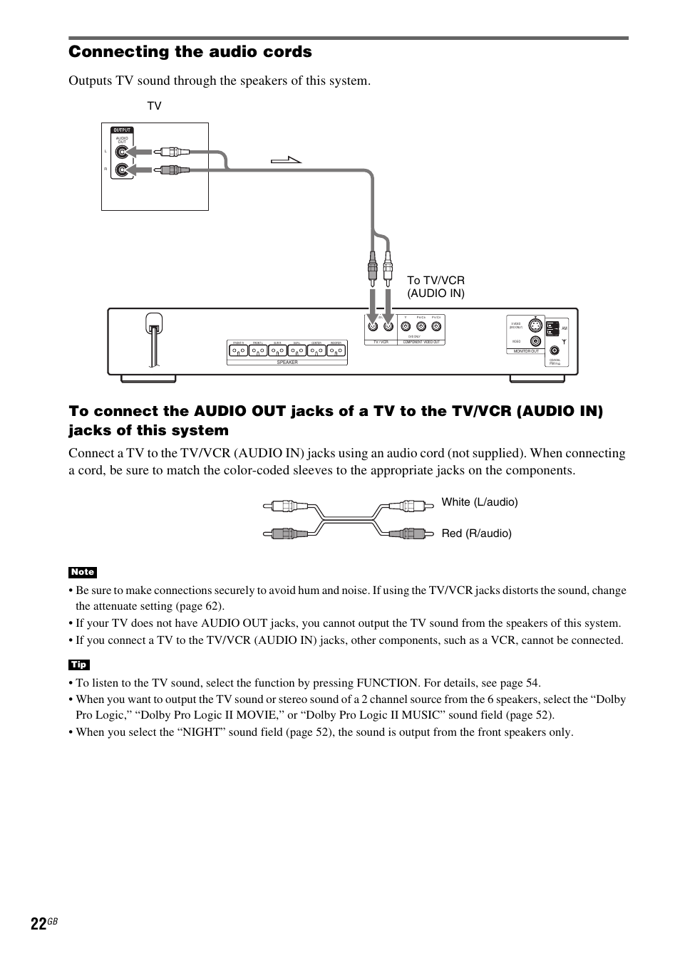Connecting the audio cords | Sony SRSDZ10 User Manual | Page 22 / 92