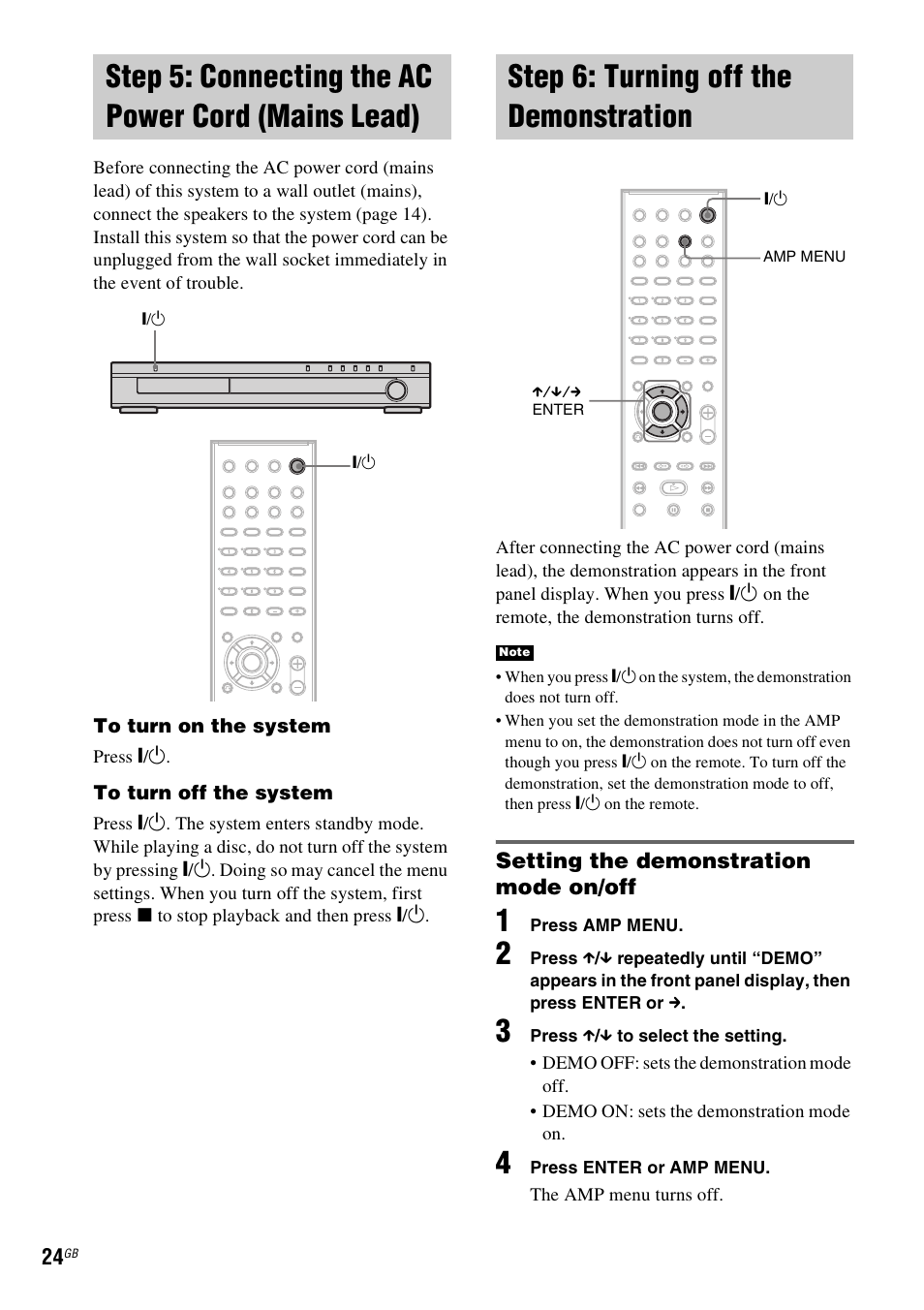 Step 5: connecting the ac power cord (mains lead), Step 6: turning off the demonstration, Step 5: connecting the ac power cord | Mains lead), Step 6: turning off the demonstration . 24 | Sony SRSDZ10 User Manual | Page 24 / 92