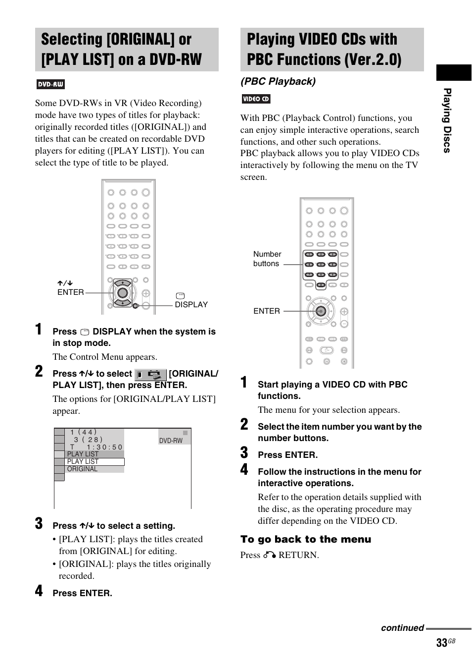 Selecting [original] or [play list] on a dvd-rw, Playing video cds with pbc functions (ver.2.0), Pbc playback) | Selecting [original] or [play list, On a dvd-rw, Playing video cds with pbc functions, Ver.2.0) (pbc playback) | Sony SRSDZ10 User Manual | Page 33 / 92