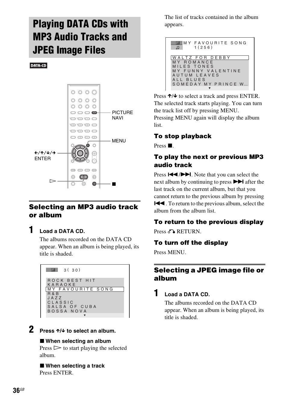 Playing data cds with mp3 audio, Tracks and jpeg image files | Sony SRSDZ10 User Manual | Page 36 / 92