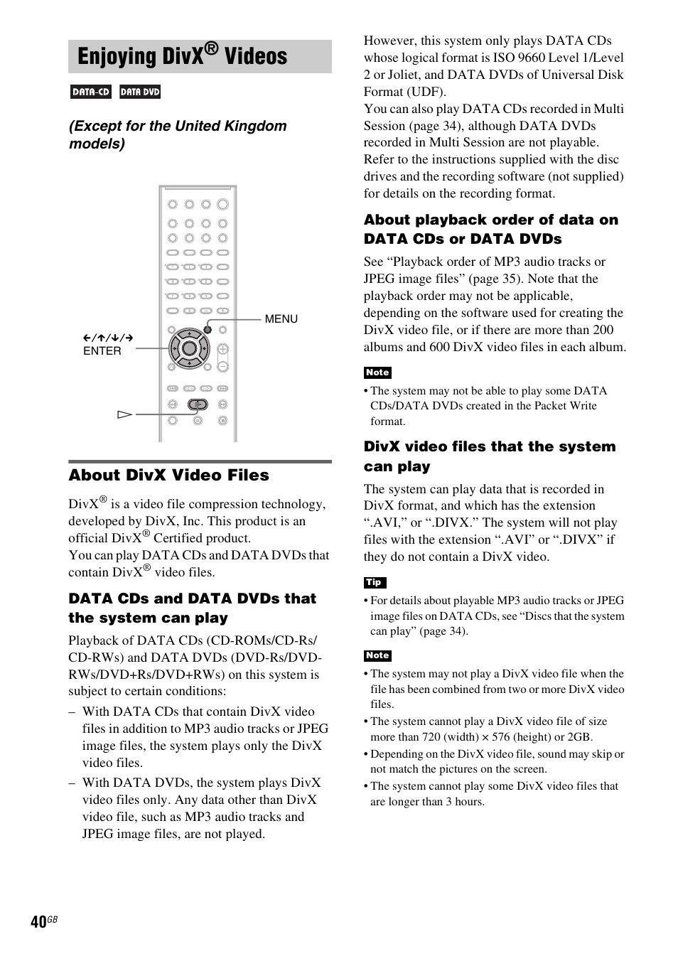 Enjoying divx® videos, Except for the united kingdom models), Enjoying divx | Videos, About divx video files | Sony SRSDZ10 User Manual | Page 40 / 92