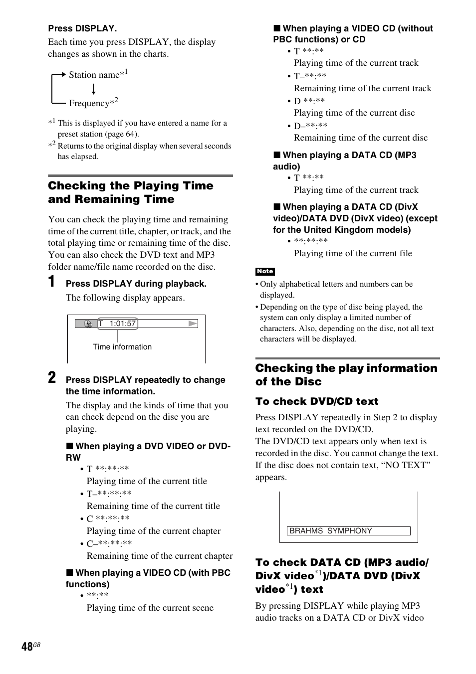 Checking the playing time and remaining time, Checking the play information of the disc | Sony SRSDZ10 User Manual | Page 48 / 92