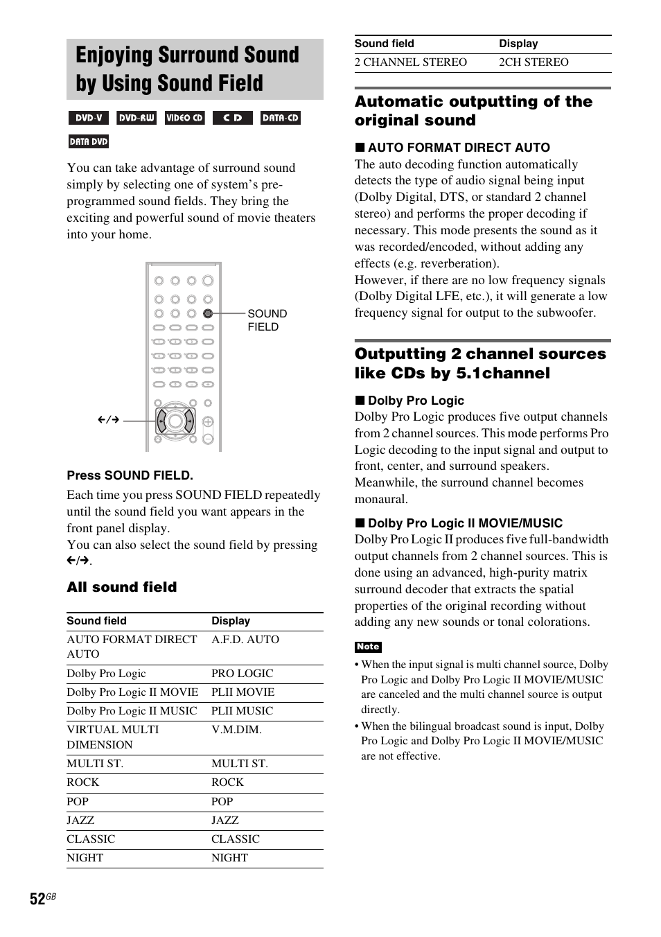 Enjoying surround sound by using sound field, Enjoying surround sound by using sound, Field | Automatic outputting of the original sound | Sony SRSDZ10 User Manual | Page 52 / 92