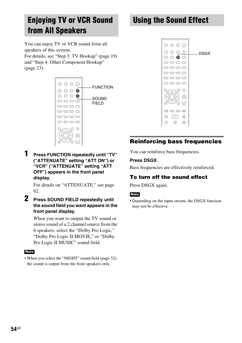 Enjoying tv or vcr sound from all speakers, Using the sound effect, Enjoying tv or vcr sound from all | Speakers | Sony SRSDZ10 User Manual | Page 54 / 92