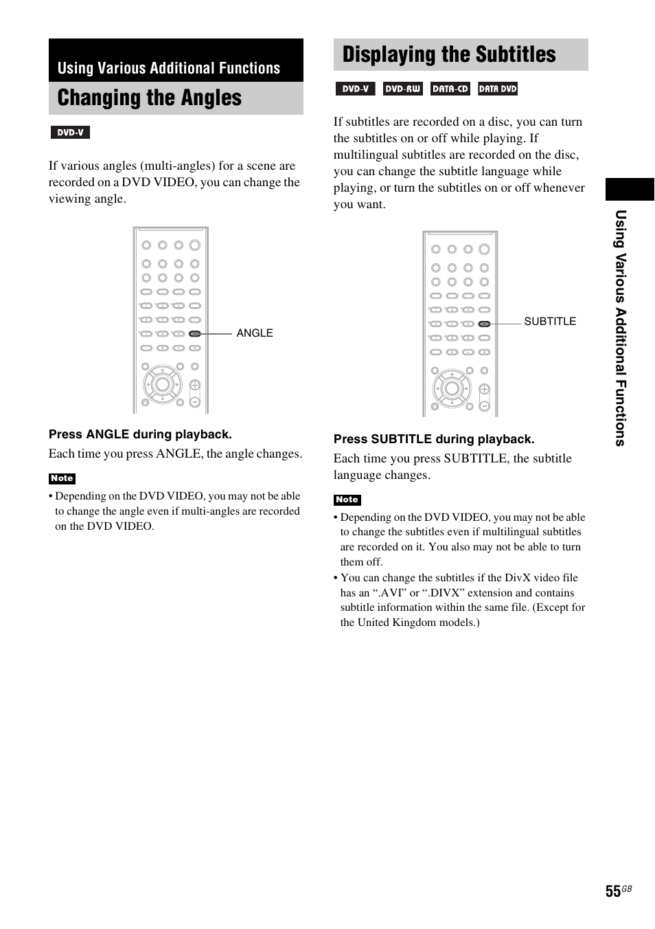 Using various additional functions, Changing the angles, Displaying the subtitles | Changing the angles displaying the subtitles | Sony SRSDZ10 User Manual | Page 55 / 92