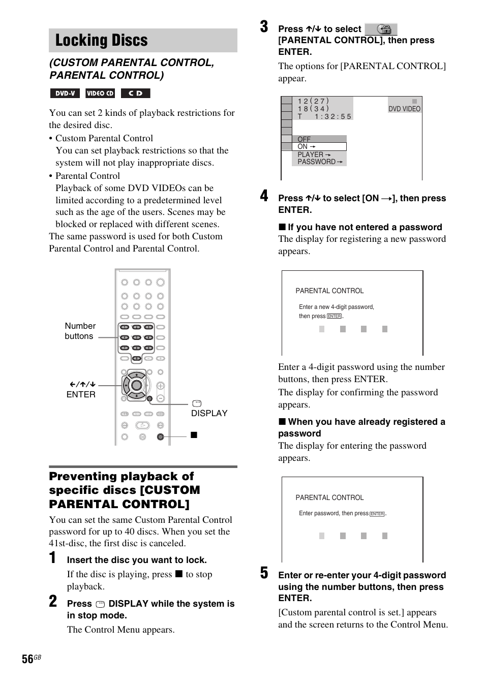 Locking discs, Custom parental control, parental control) | Sony SRSDZ10 User Manual | Page 56 / 92