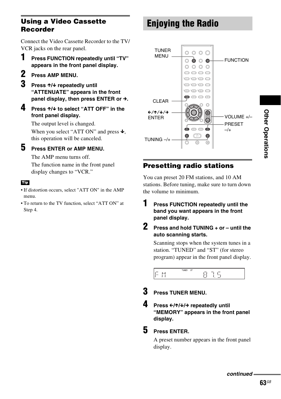 Enjoying the radio | Sony SRSDZ10 User Manual | Page 63 / 92