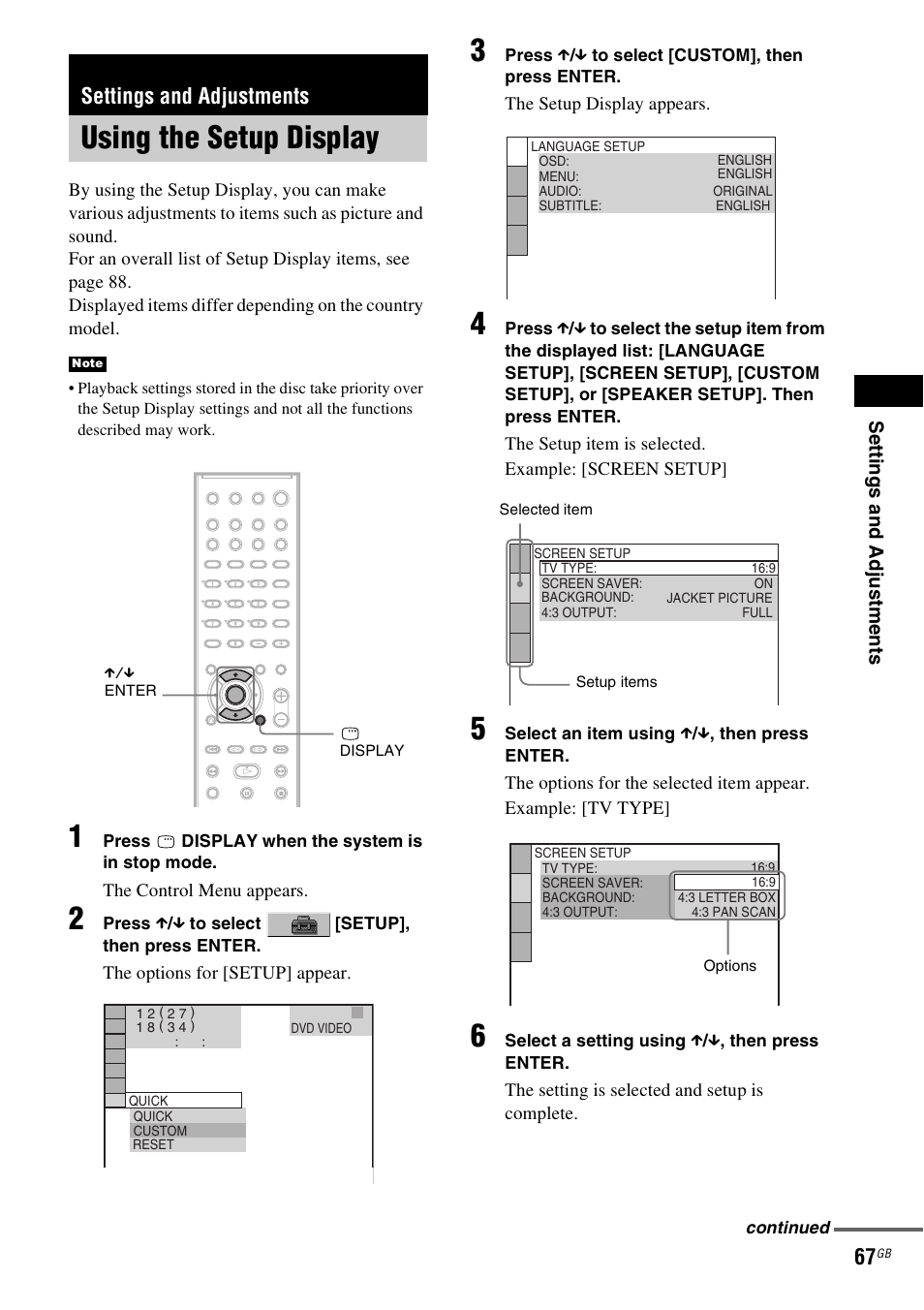 Settings and adjustments, Using the setup display | Sony SRSDZ10 User Manual | Page 67 / 92