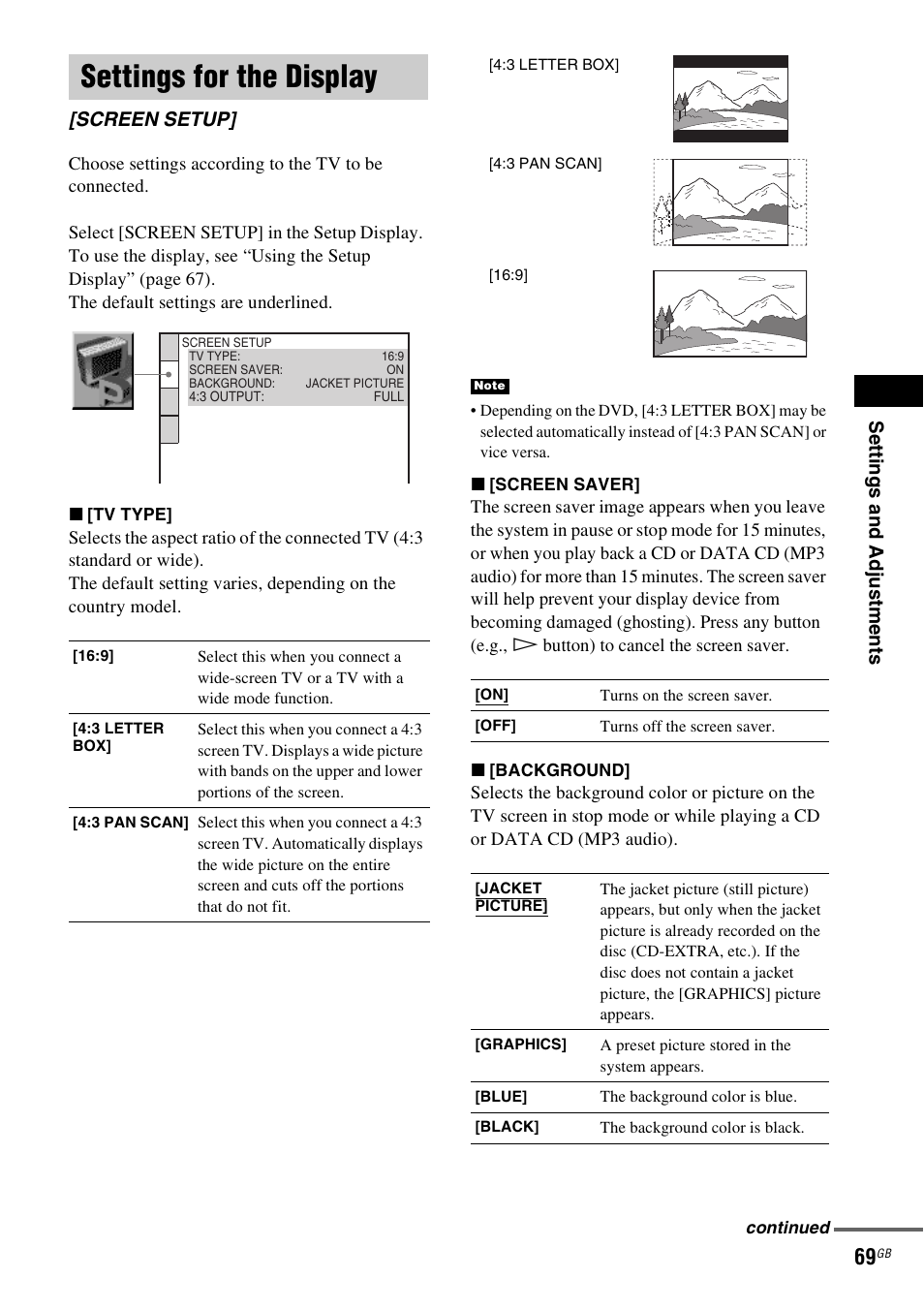 Settings for the display, Screen setup | Sony SRSDZ10 User Manual | Page 69 / 92