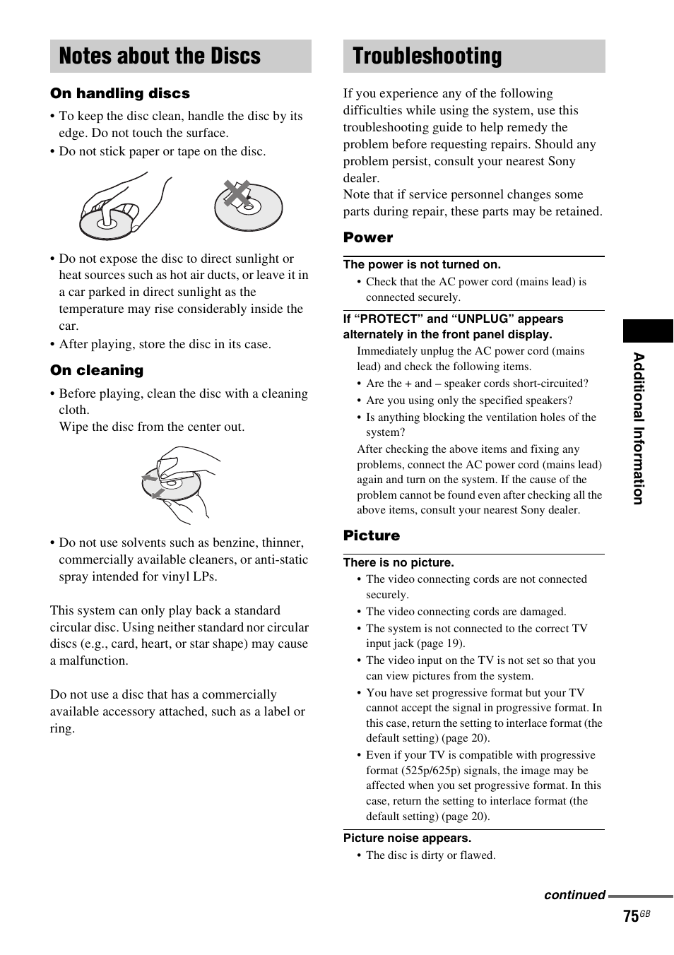 Notes about the discs, Troubleshooting, Notes about the discs troubleshooting | Sony SRSDZ10 User Manual | Page 75 / 92