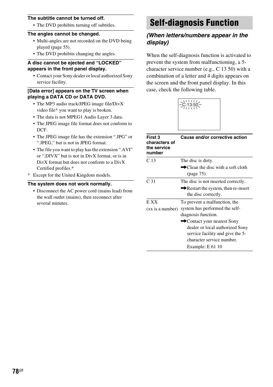Self-diagnosis function, When letters/numbers appear in the display) | Sony SRSDZ10 User Manual | Page 78 / 92