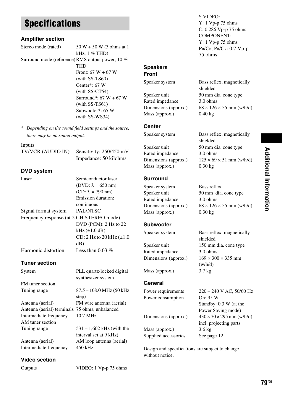 Specifications, Ad dit iona l inf o rma tion | Sony SRSDZ10 User Manual | Page 79 / 92